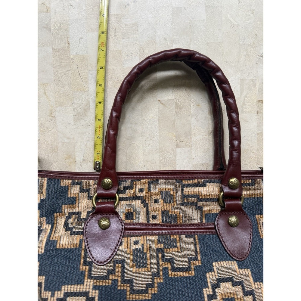 Patricia Nash Peruvian Tapestry Sungaro Tote Blue Tan Leather Brass Boho Tribal - Picture 5 of 16